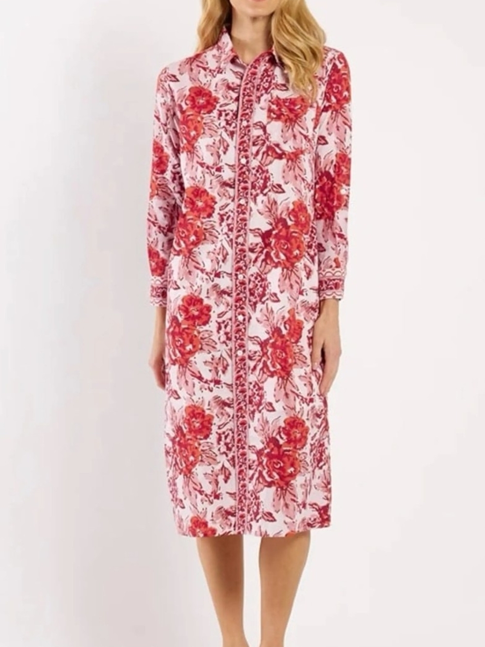 Jude Connally NWT XL Pink Floral Midi Dress with Red Accents PTP 25